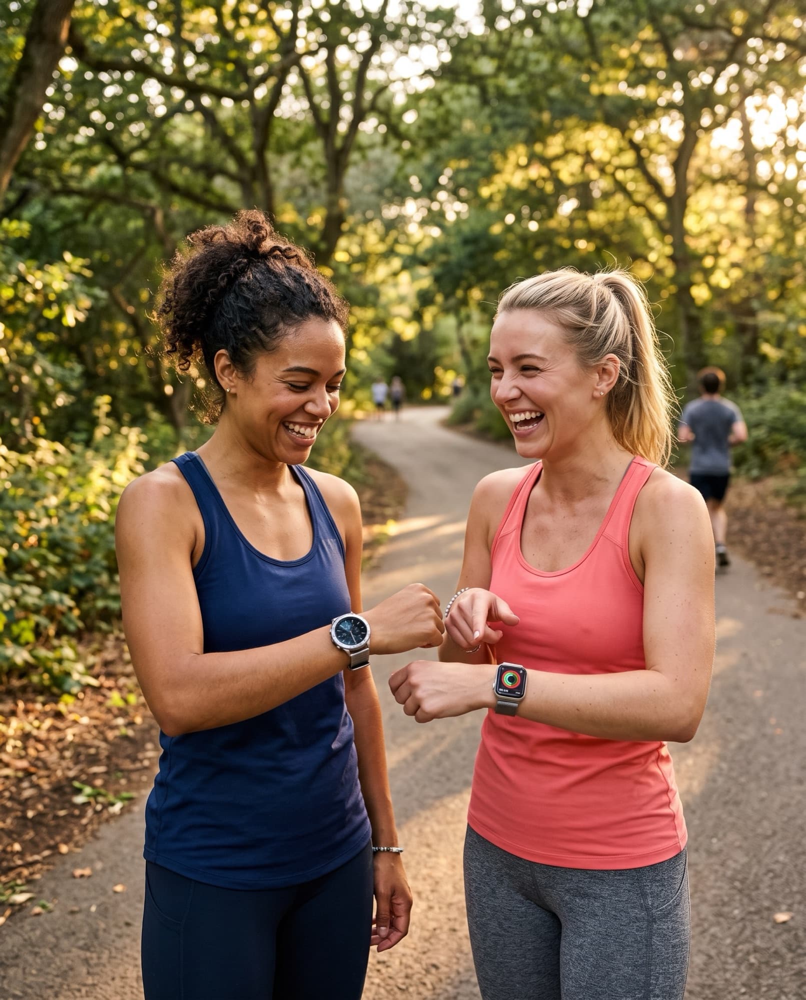 Two people comparing their Pixel Watches after a workout.