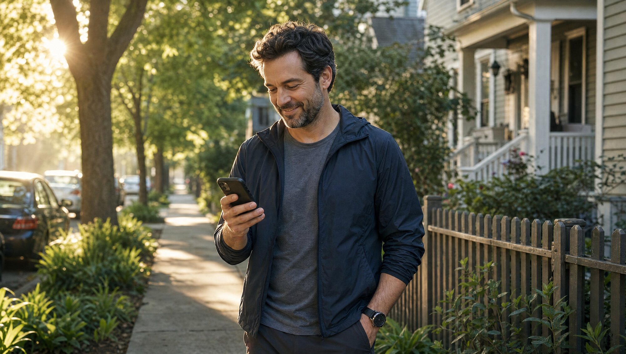 A man smiles at a message on his phone during an early morning walk on a tree-lined sidewalk
