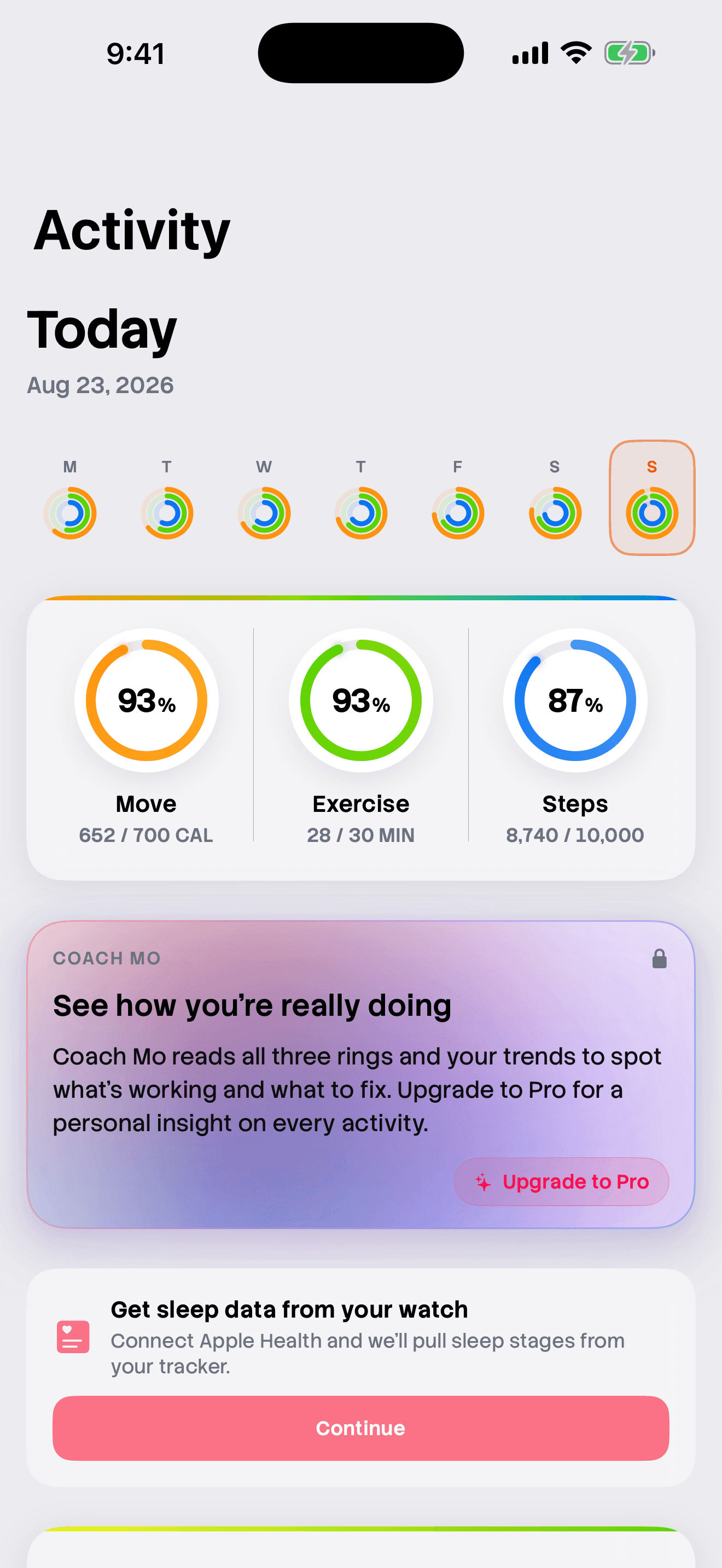 MoveTogether-Aktivitätsdetails mit Fortschritt bei Move, Exercise und Steps.