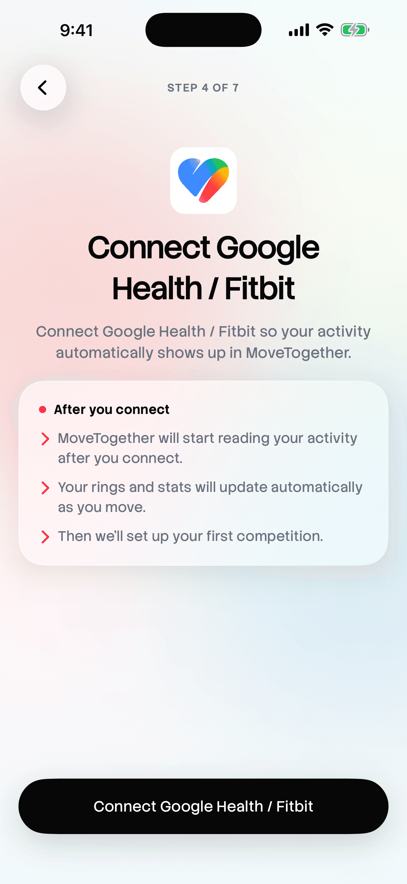 MoveTogether-Datenquellen-Einrichtung mit Google Health / Fitbit, bereit zum Verbinden.