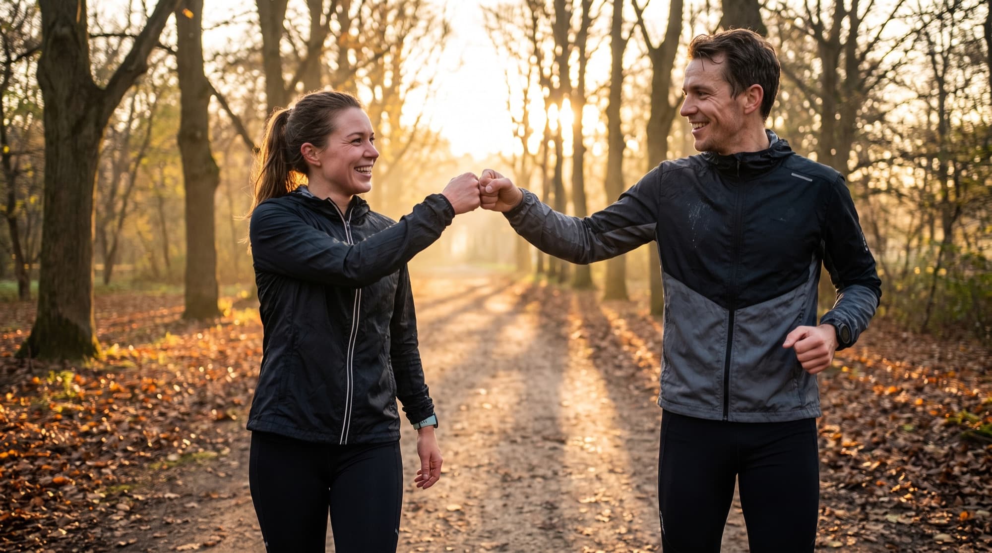Two running partners bumping fists on a leaf-covered park path at sunrise after a run together.