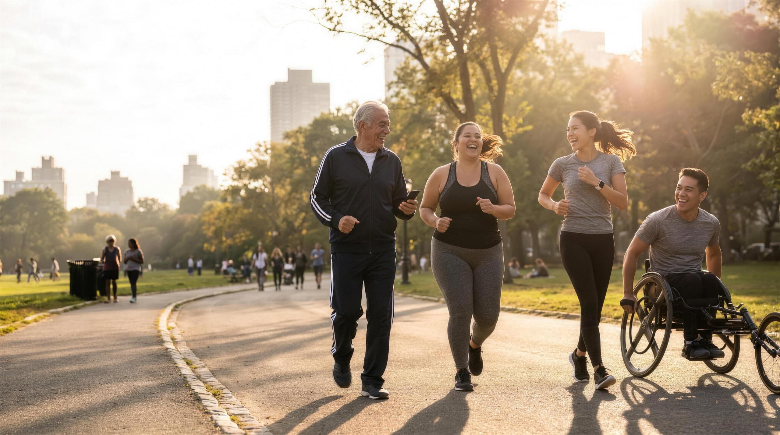 A diverse group — different ages, body types and abilities — moving together on a sunlit park path, laughing.