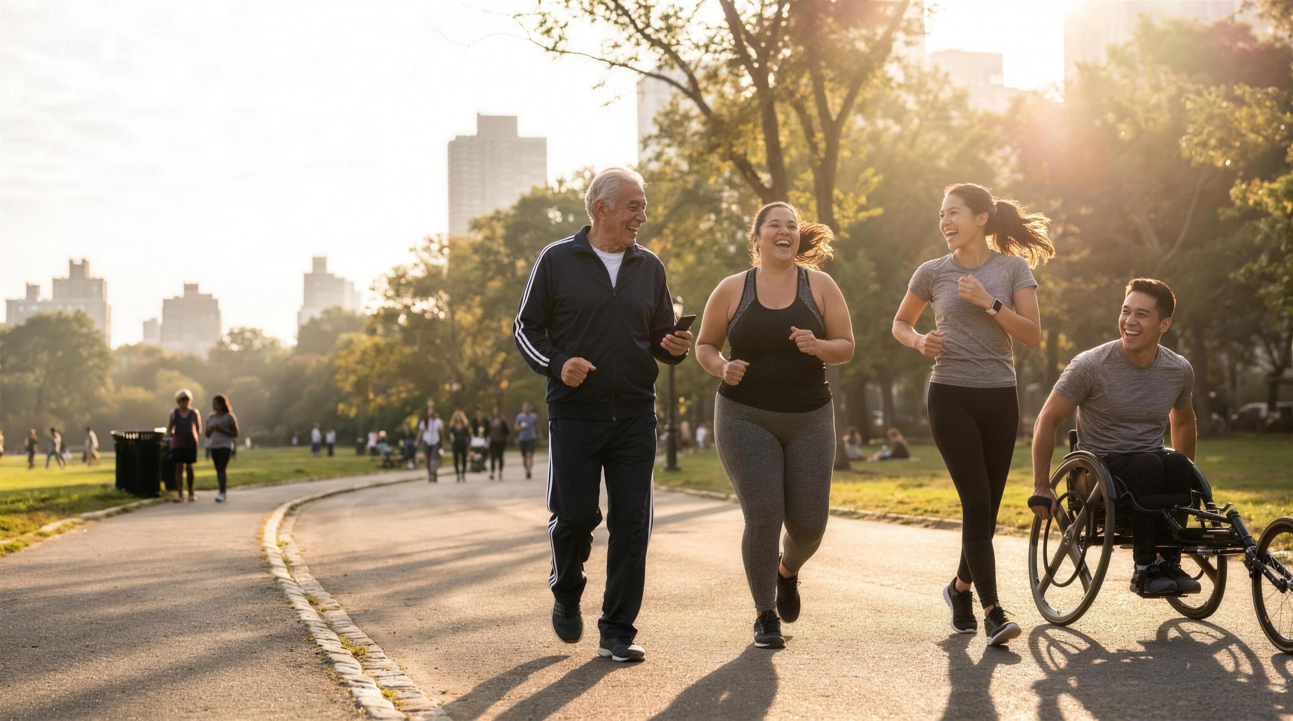 A diverse group of different ages, body types and abilities moving together on a sunlit park path, laughing. A diverse group of different ages, body types and abilities moving together on a sunlit park path, laughing.