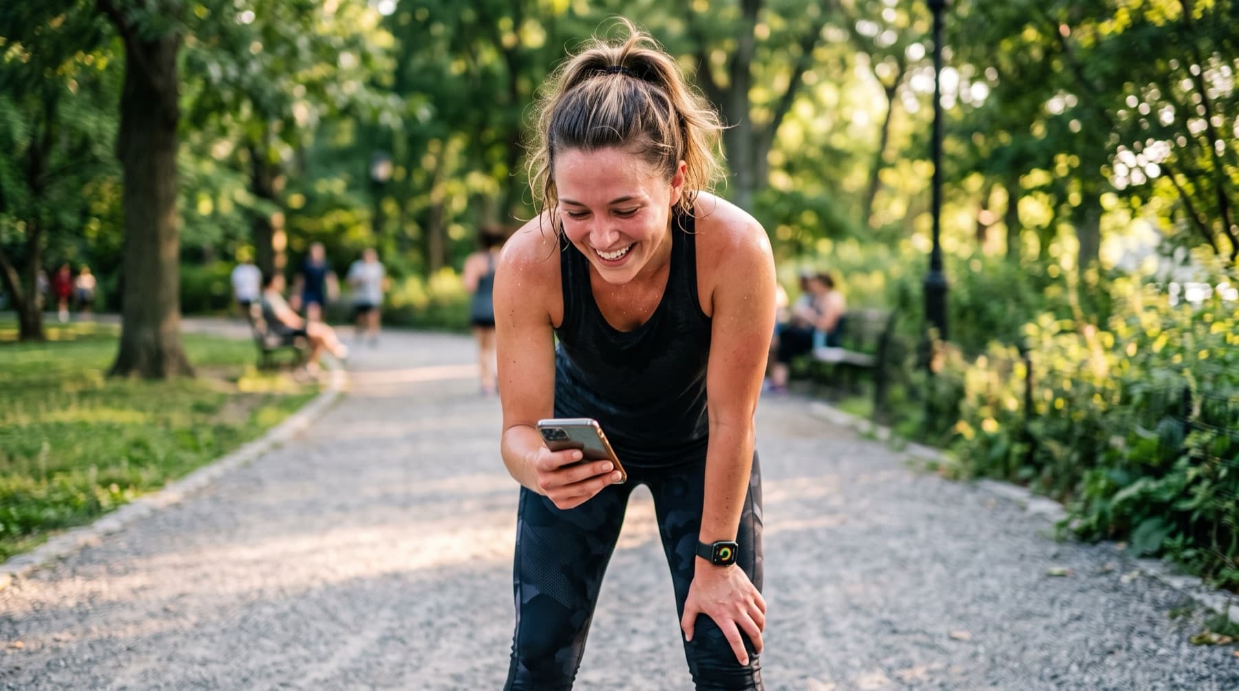 A woman catching her breath mid-workout in a park, grinning at her phone as she reads an encouraging message, a smartwatch on her wrist.