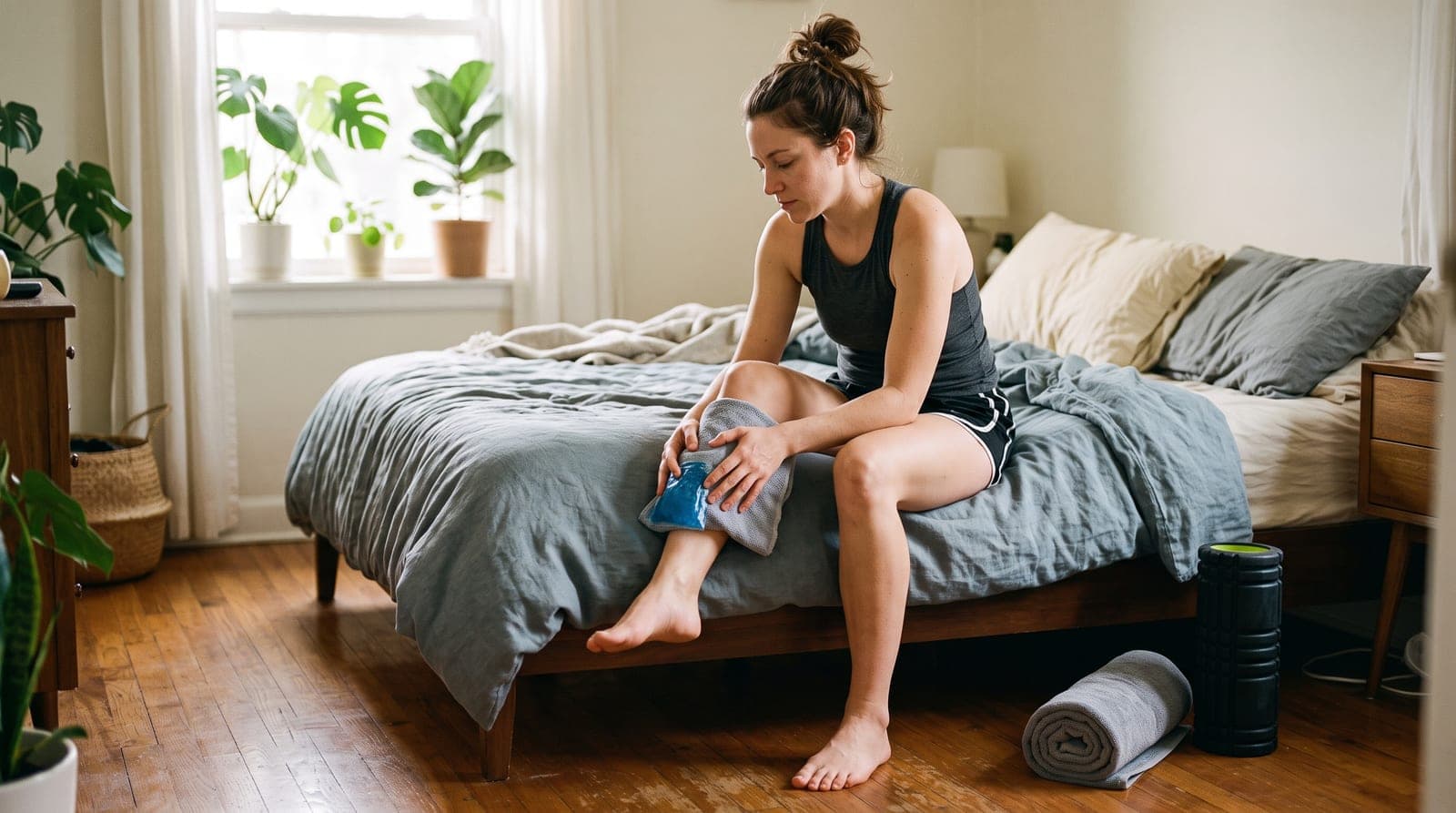A person sitting on the edge of a bed at home, pressing a cloth-wrapped cold pack against a sore lower leg after a workout, a rolled towel and foam roller on the floor nearby.