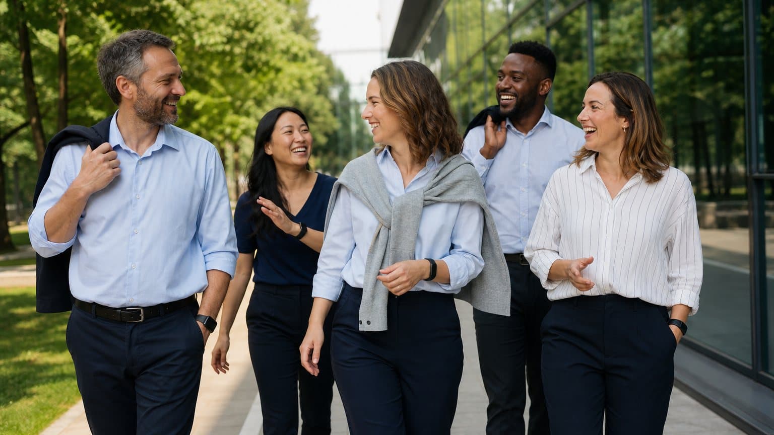 Five coworkers of mixed ages walking together on a tree-lined path beside an office building on a midday break. Five coworkers of mixed ages walking together on a tree-lined path beside an office building on a midday break.