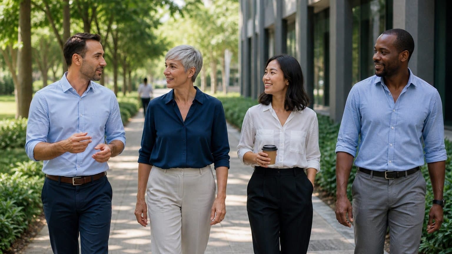 Coworkers of mixed ages walking together on a tree-lined path beside an office building during a midday break. Coworkers of mixed ages walking together on a tree-lined path beside an office building during a midday break.