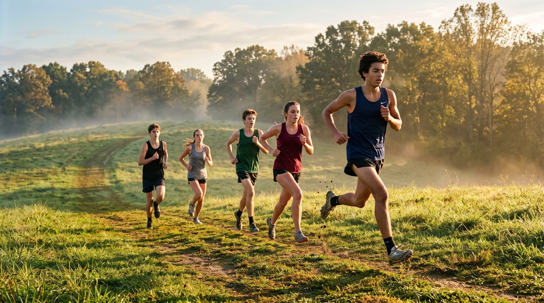 A group of teenage cross country runners striding across a misty, tree-lined grass course in early-morning golden light, one runner setting the pace out front.