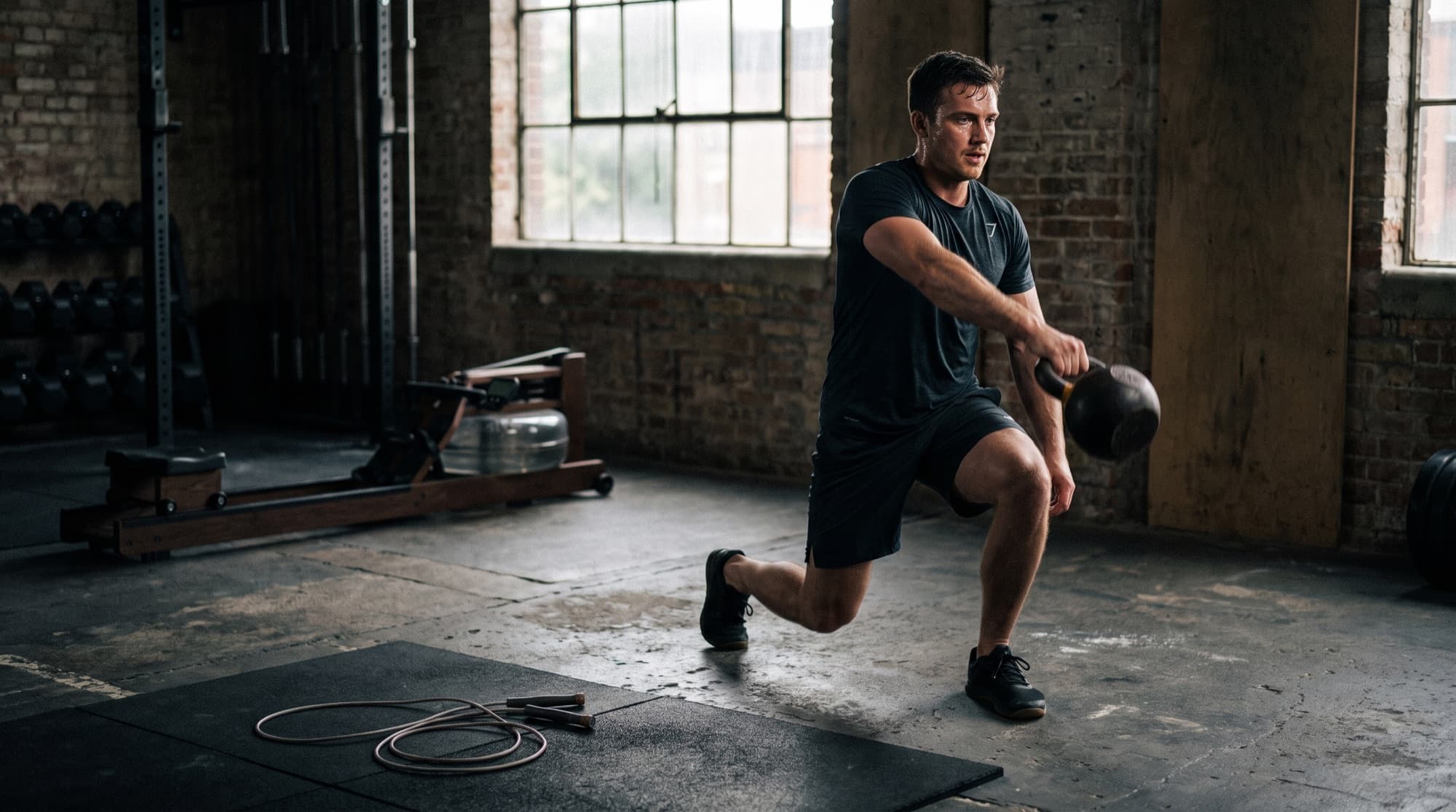 An athlete doing a kettlebell lunge in an industrial gym, a rowing machine and jump rope nearby.