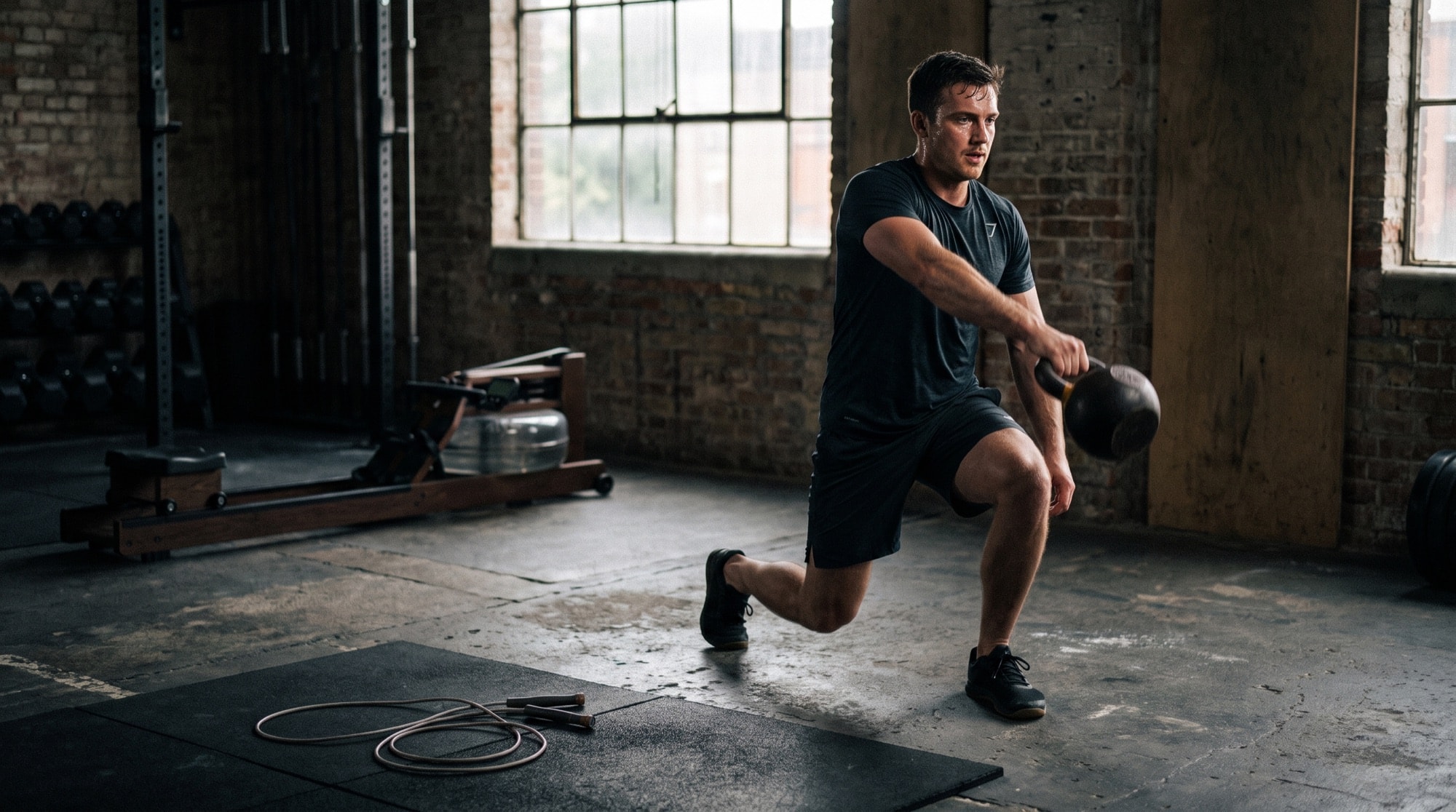 An athlete doing a kettlebell lunge in an industrial gym, a rowing machine and jump rope nearby. An athlete doing a kettlebell lunge in an industrial gym, a rowing machine and jump rope nearby.