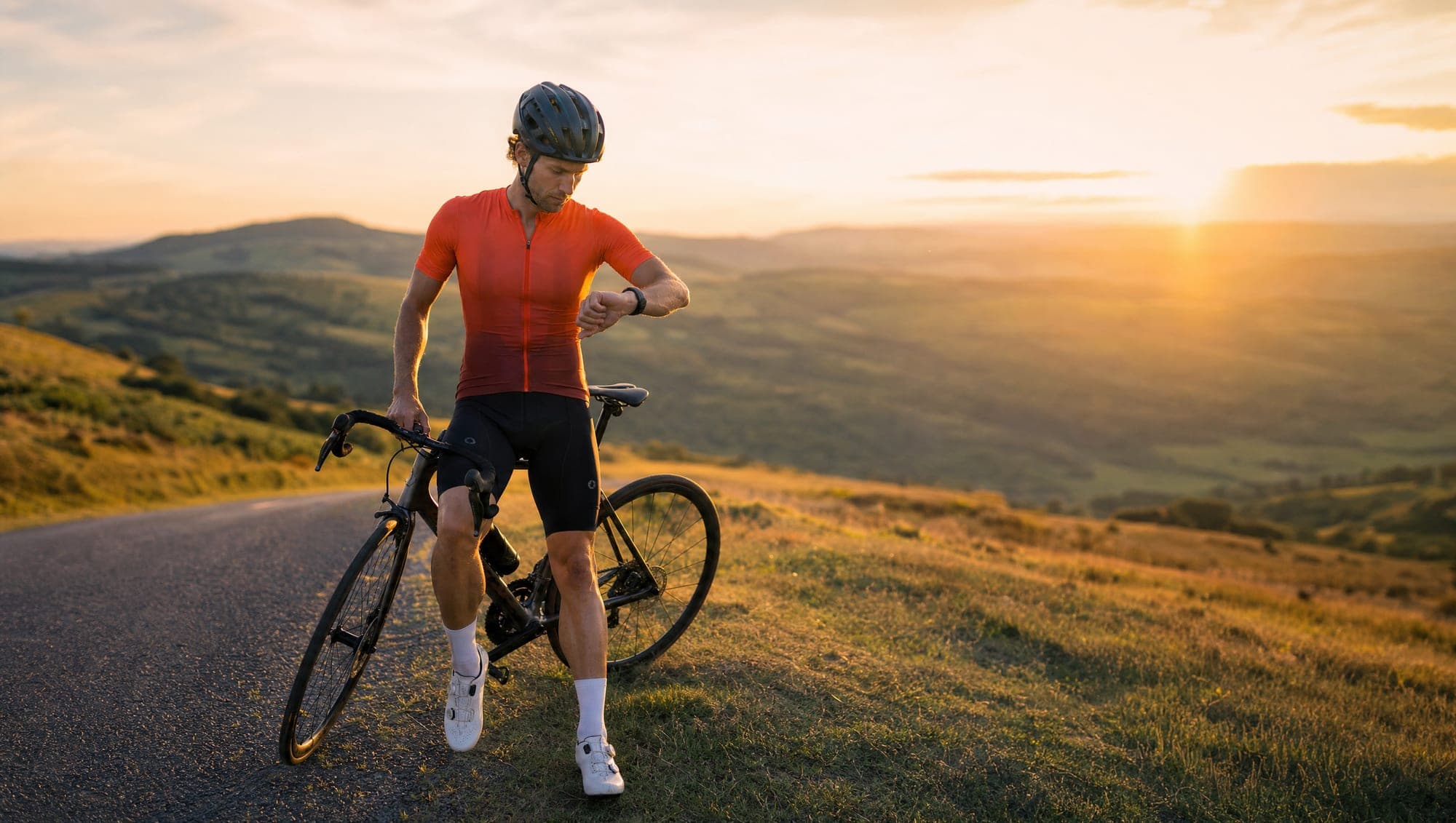 A cyclist resting at the top of a countryside climb at golden hour, checking the watch on their wrist.