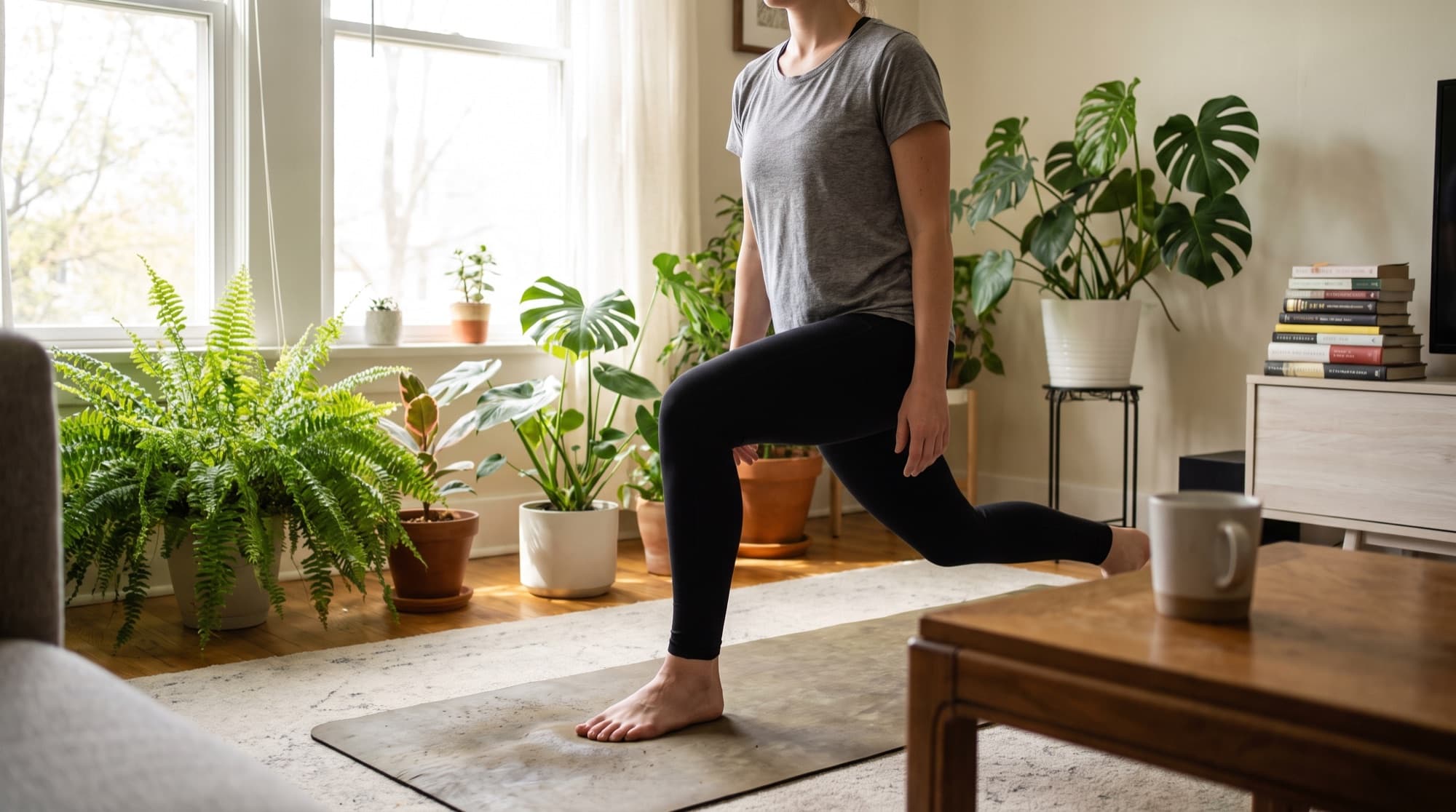 A person doing a bodyweight lunge on a yoga mat in a bright, plant-filled living room in the morning.