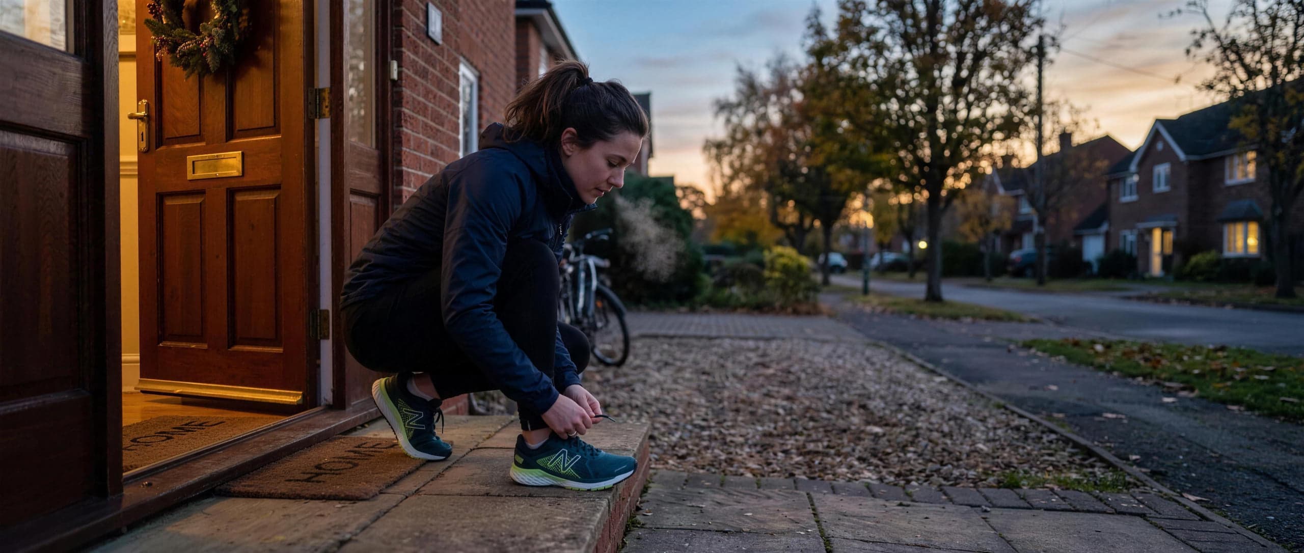 A person lacing up their shoes and heading out the door at dawn to start a workout, in soft golden light.