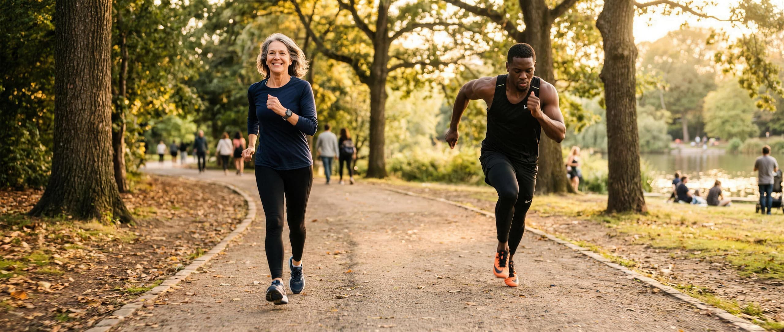 Eine Einsteigerin beim zügigen Gehen und ein Athlet beim Sprint nebeneinander auf einem sonnigen Weg: unterschiedliches Tempo, derselbe Weg.