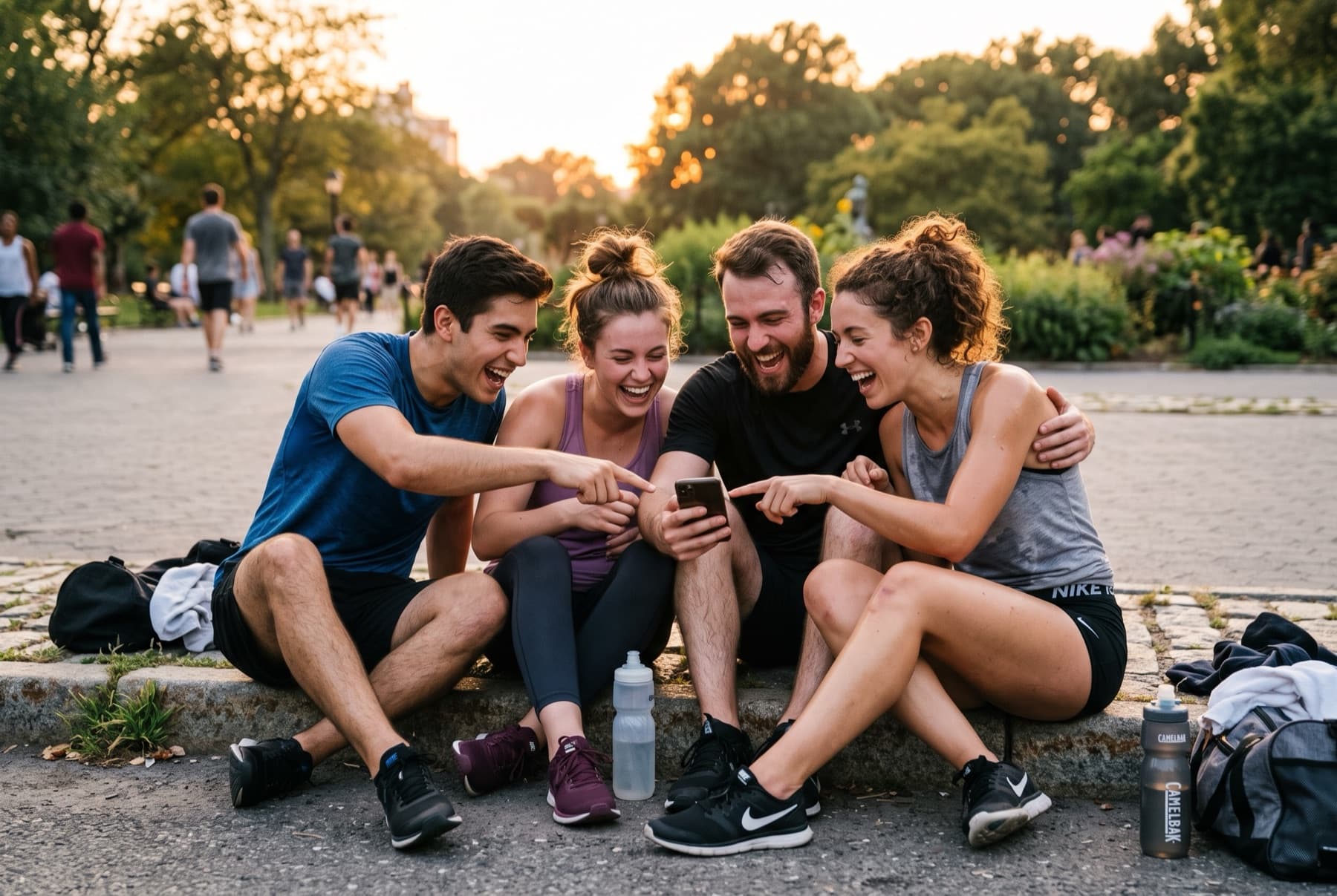 Four friends in workout clothes sitting together in a park at golden hour, laughing at something on a phone.