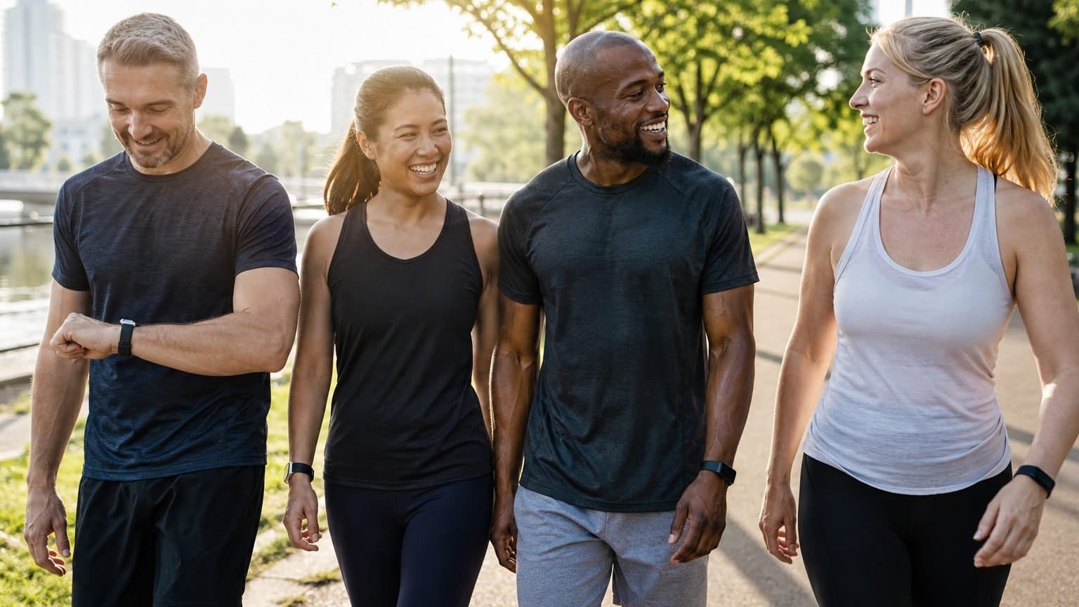A group of friends of mixed ages walking briskly together on a tree-lined park path in golden morning light, each wearing a different fitness tracker. A group of friends of mixed ages walking briskly together on a tree-lined park path in golden morning light, each wearing a different fitness tracker.