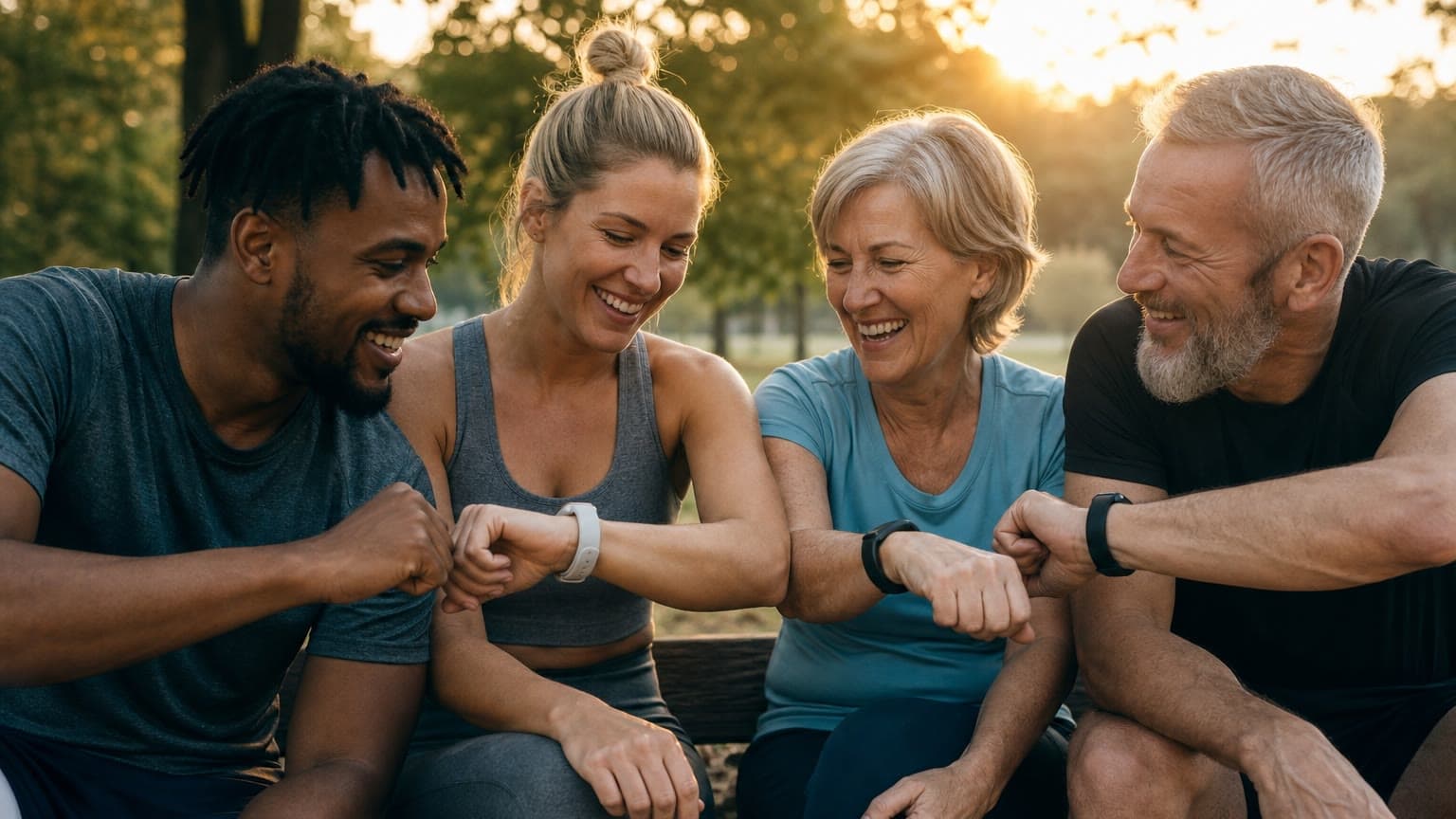 A small group of friends of mixed ages laughing together on a park bench after a workout at golden hour, comparing the different fitness bands on their wrists. A small group of friends of mixed ages laughing together on a park bench after a workout at golden hour, comparing the different fitness bands on their wrists.
