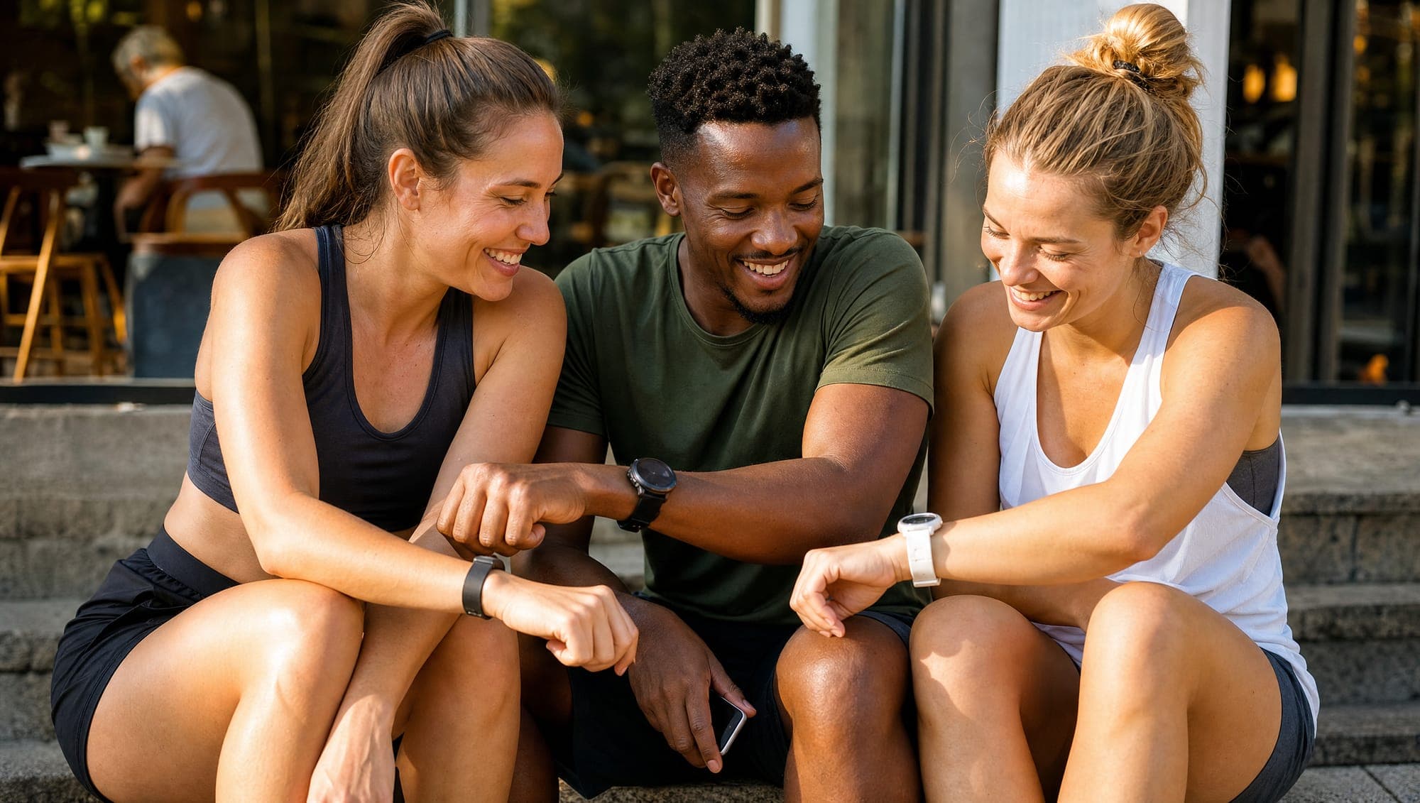 Friends comparing the fitness trackers on their wrists at an outdoor cafe in golden light.