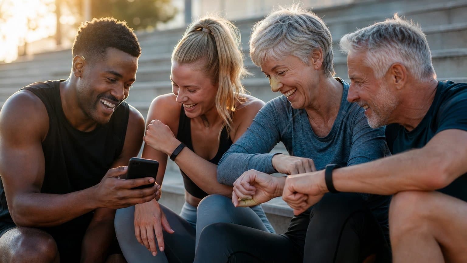 A small group of friends of mixed ages sitting together on outdoor steps at golden hour, comparing the fitness bands on their wrists after a workout. A small group of friends of mixed ages sitting together on outdoor steps at golden hour, comparing the fitness bands on their wrists after a workout.