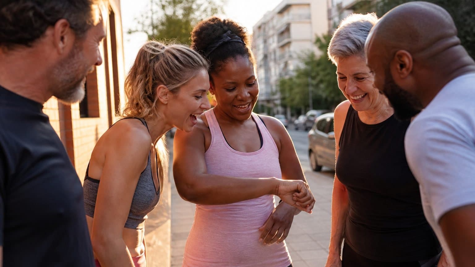 A small group of friends laughing and comparing wrists on a city sidewalk after a workout in golden-hour light. A small group of friends laughing and comparing wrists on a city sidewalk after a workout in golden-hour light.