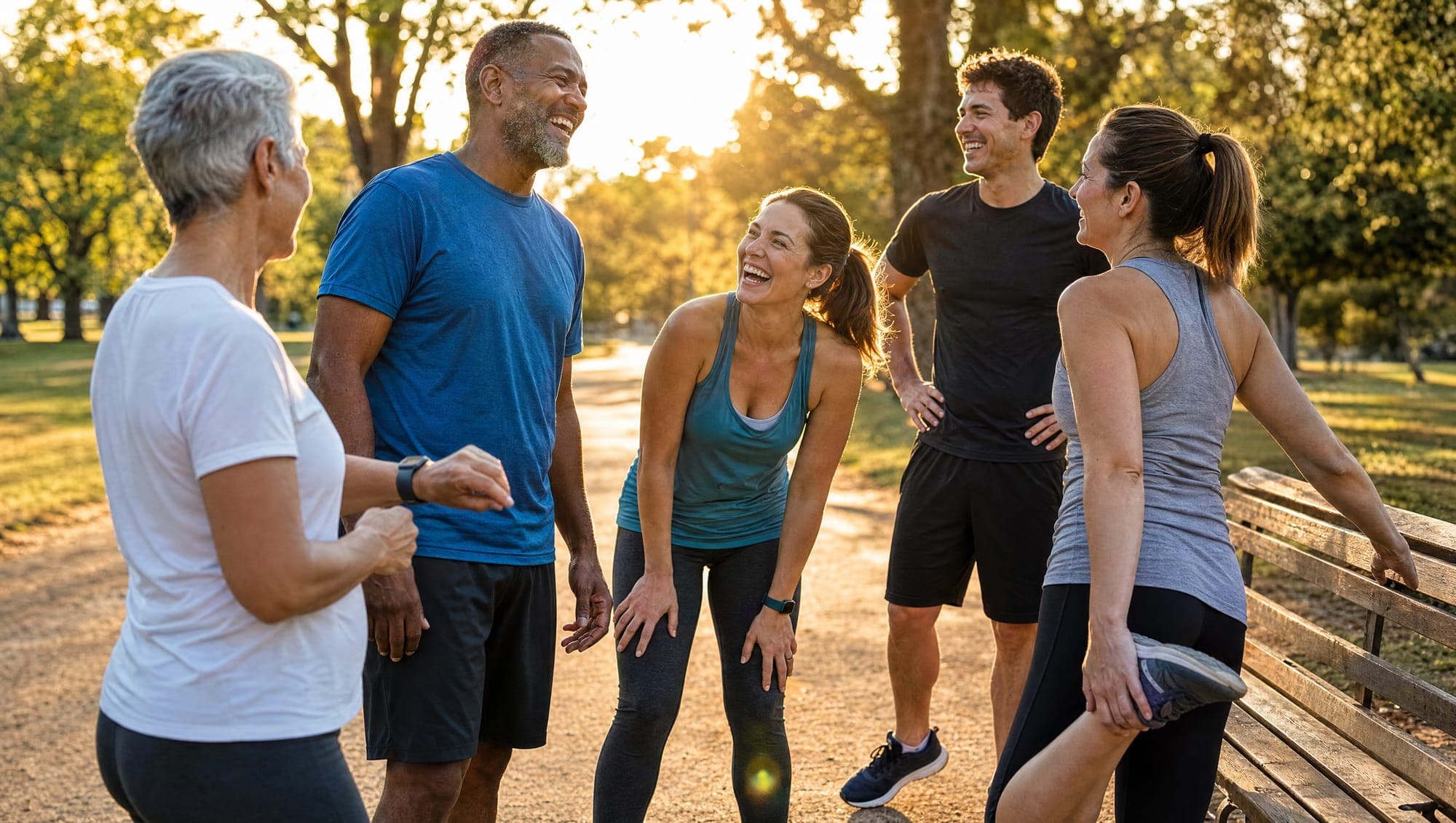 A small group of friends together in a park at golden hour after a walk.