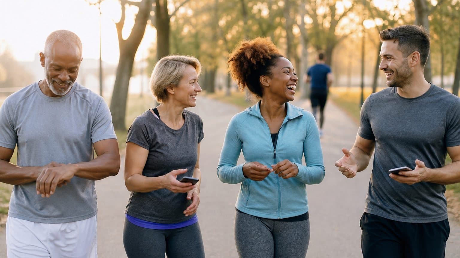 A mixed-age group of friends walking and talking together on a tree-lined park path in golden morning light. A mixed-age group of friends walking and talking together on a tree-lined park path in golden morning light.