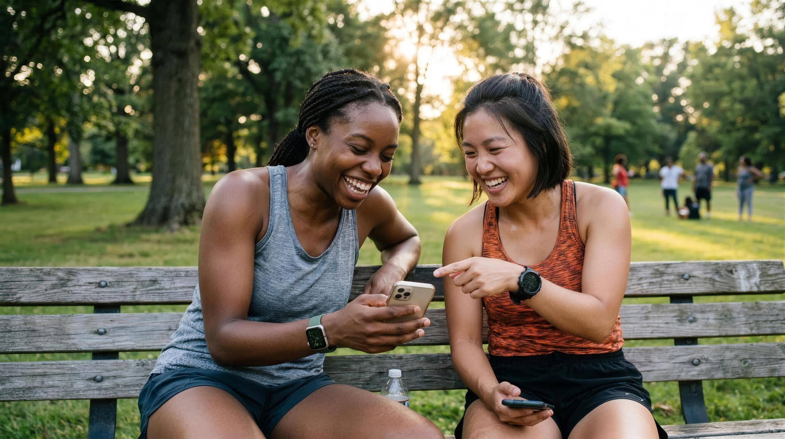 A group of friends laughing together, comparing their fitness stats on their phones after a workout.