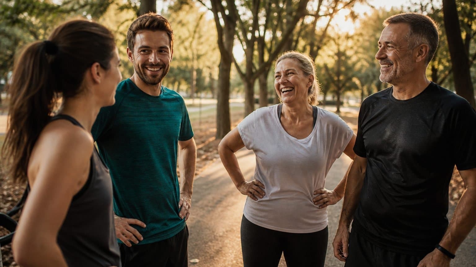 A small group of friends of mixed ages resting and laughing together on a park path at golden hour after a run. A small group of friends of mixed ages resting and laughing together on a park path at golden hour after a run.