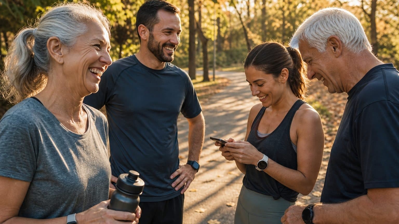 A small group of friends of mixed ages resting and laughing together on a park path at golden hour after a walk. A small group of friends of mixed ages resting and laughing together on a park path at golden hour after a walk.