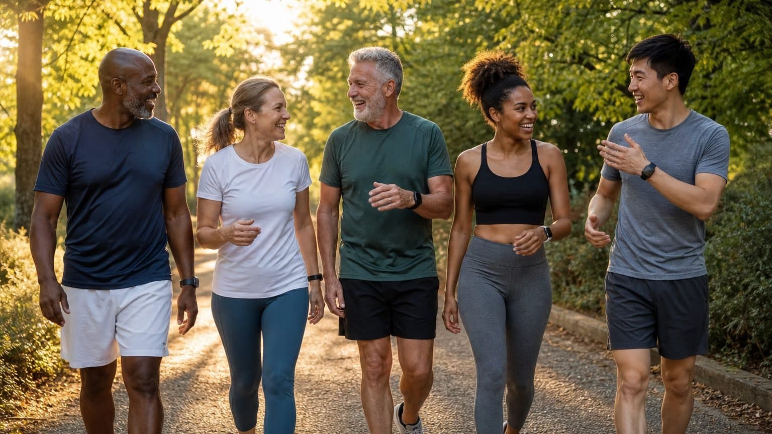 A small group of friends of mixed ages walking and talking together on a tree-lined park path at golden hour. A small group of friends of mixed ages walking and talking together on a tree-lined park path at golden hour.