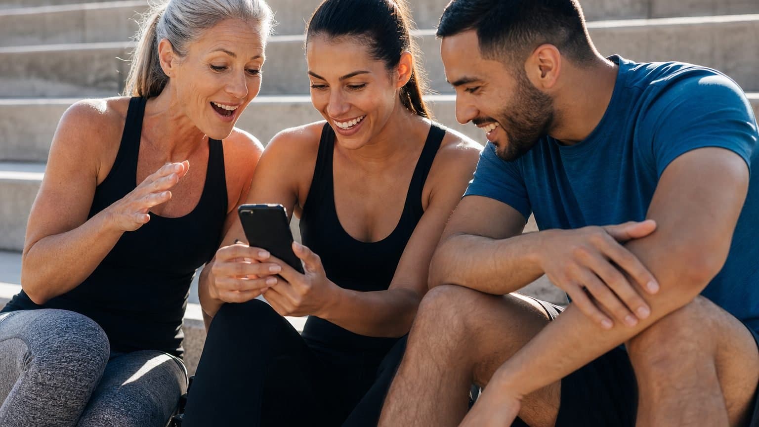 Three friends of different ages laughing together on outdoor stadium steps in golden morning light while looking at one friend's phone. Three friends of different ages laughing together on outdoor stadium steps in golden morning light while looking at one friend's phone.