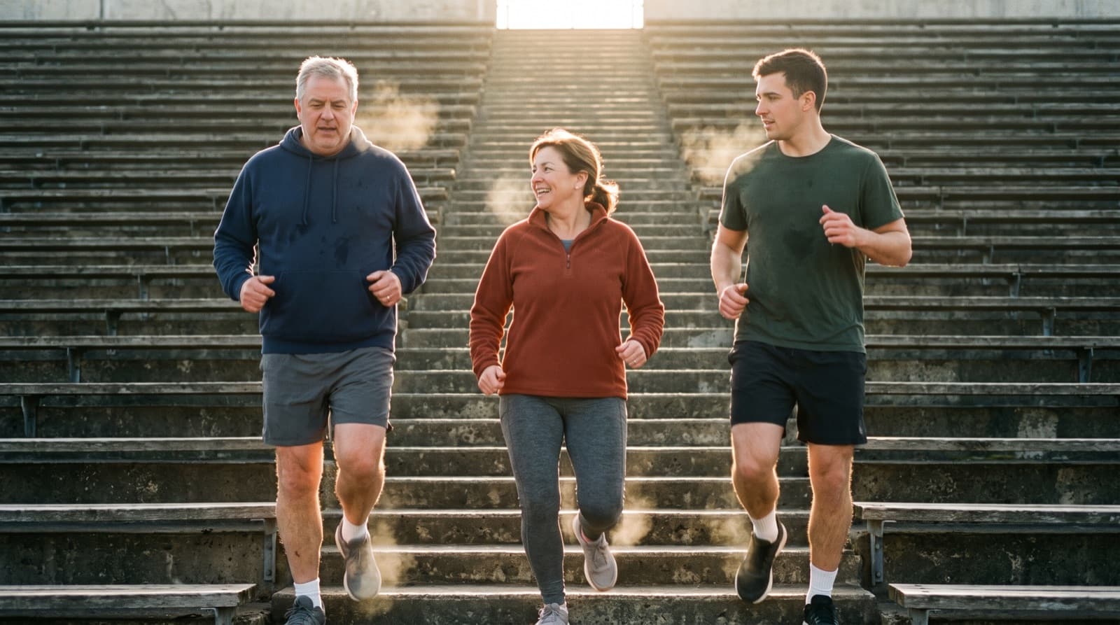 Three friends of different ages jogging together down outdoor stadium steps at sunrise, smiling and encouraging each other.