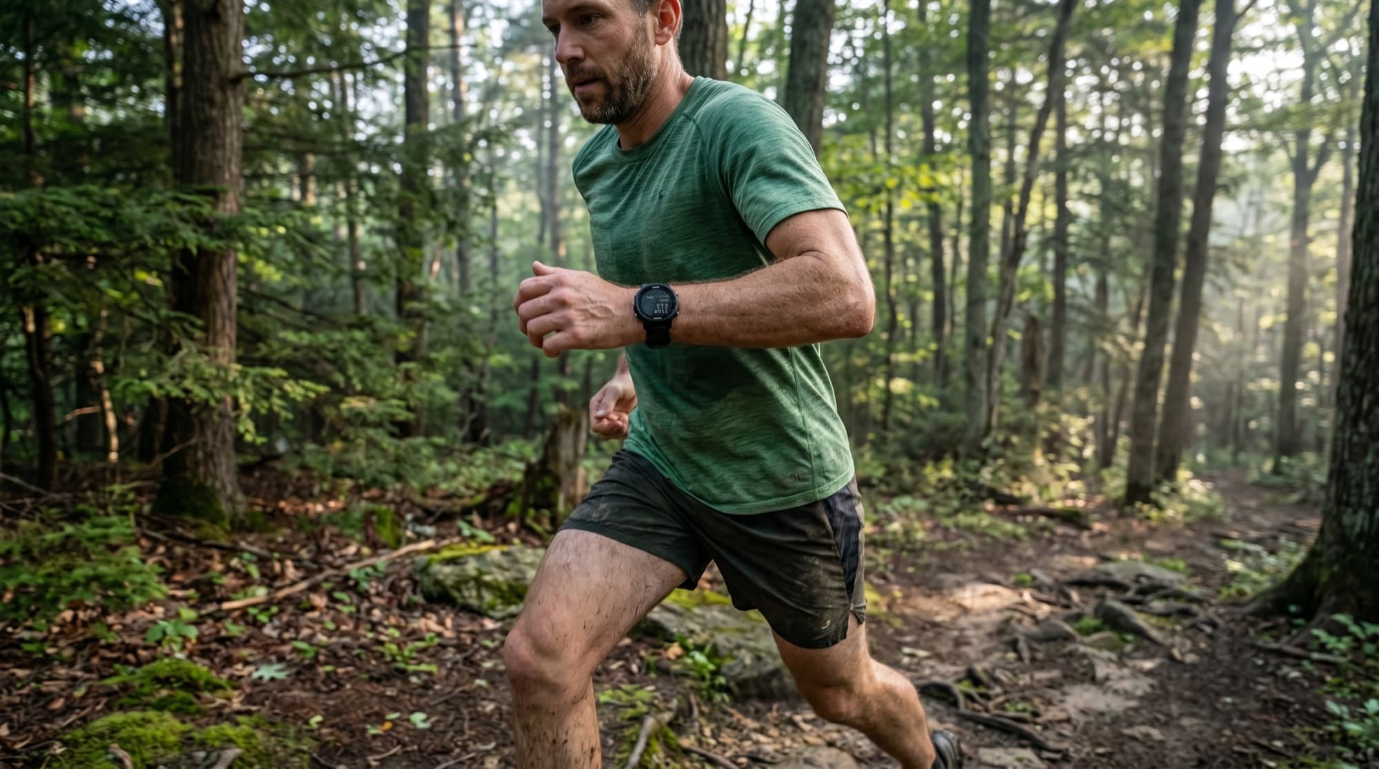 Ein Trailrunner schaut auf einem Bergpfad auf eine robuste GPS-Multisportuhr.