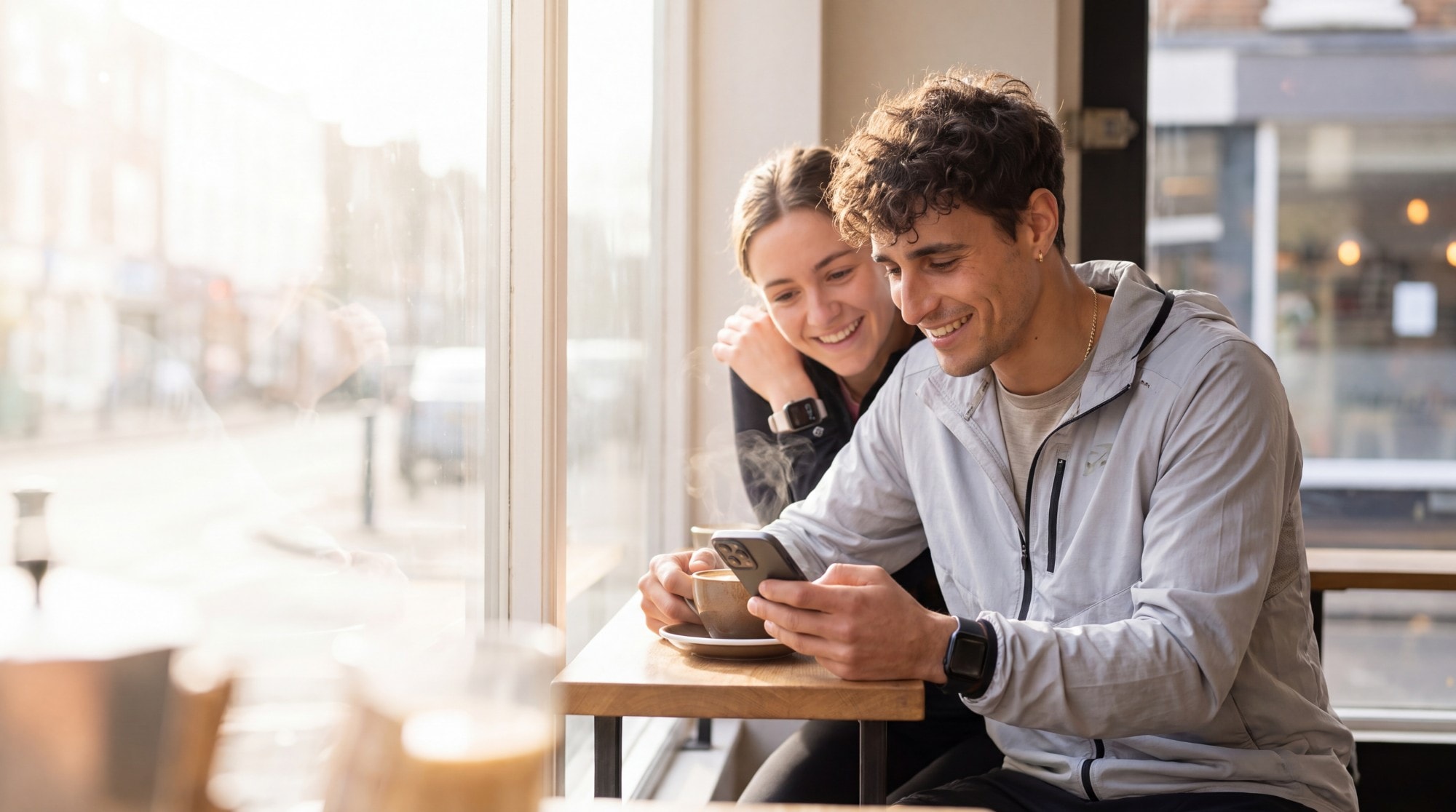 Marco reads something on his phone over coffee by a sunny cafe window while a friend leans in to look. Marco reads something on his phone over coffee by a sunny cafe window while a friend leans in to look.