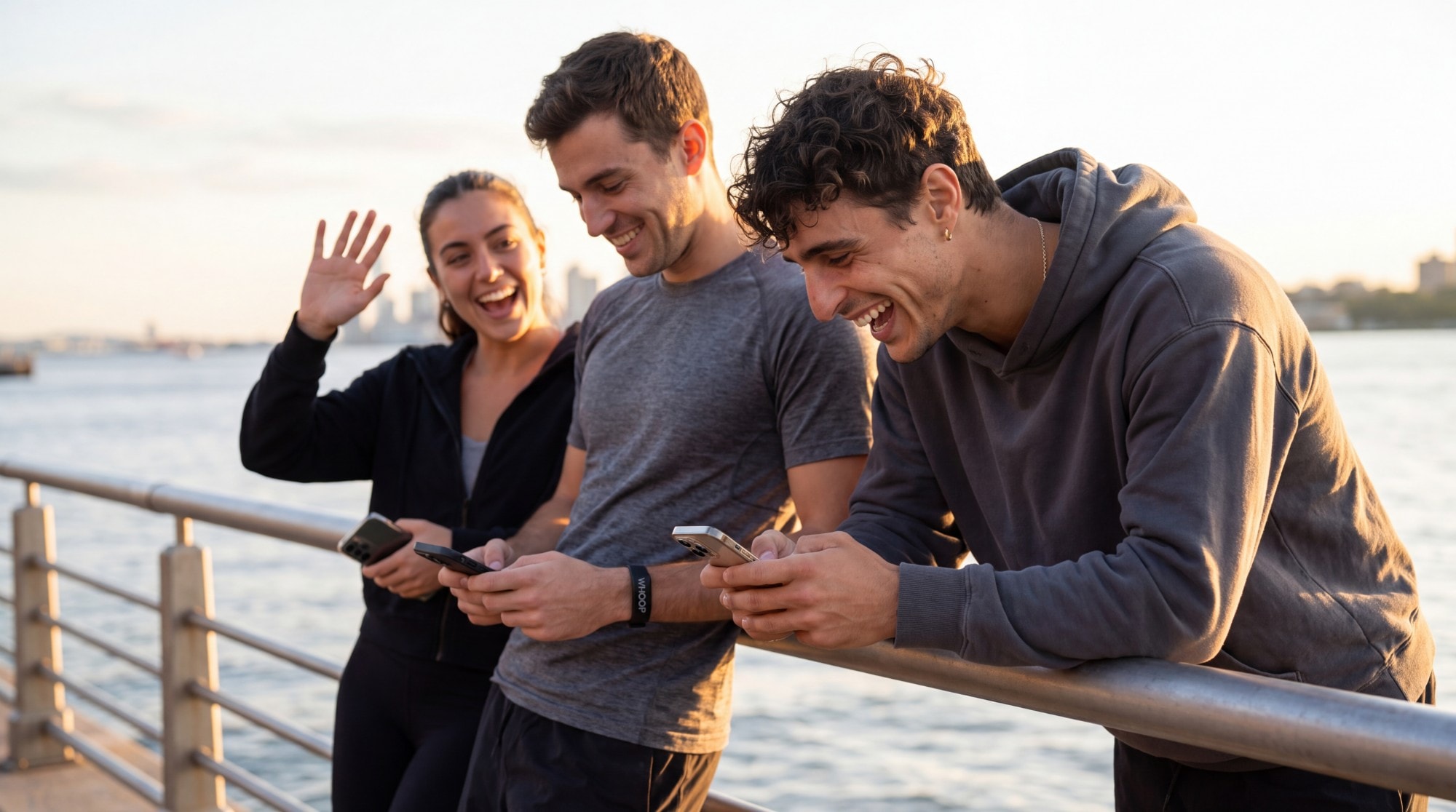 Marco and two friends laugh at their phones by a waterfront railing at sunset while one friend waves. Marco and two friends laugh at their phones by a waterfront railing at sunset while one friend waves.