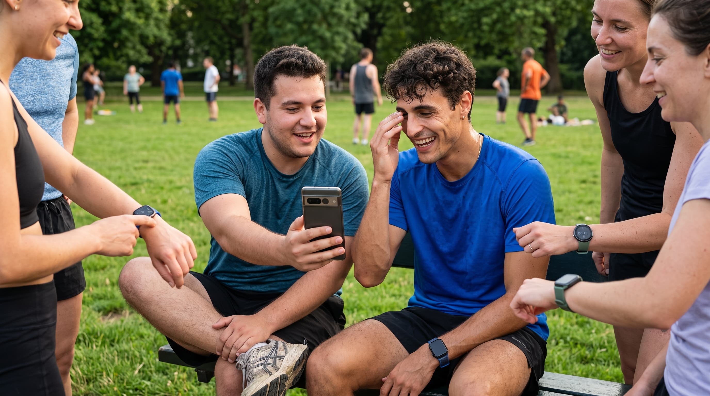 Marco und seine Freunde vergleichen nach einem Training im Park verschiedene Fitnessuhren. Marco und seine Freunde vergleichen nach einem Training im Park verschiedene Fitnessuhren.