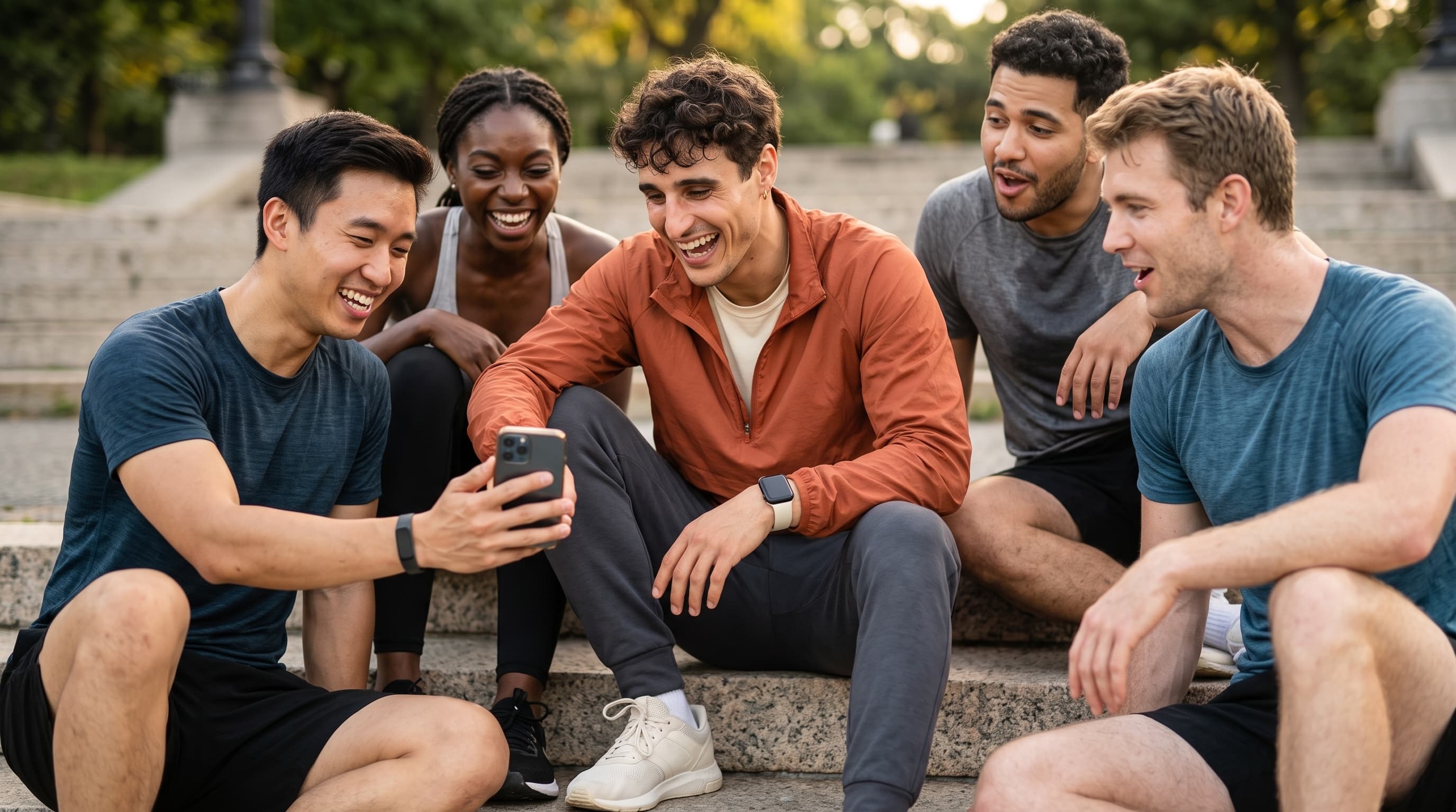 Marco und seine Freunde lachen nach dem Training gemeinsam über ein Update der Bestenliste.