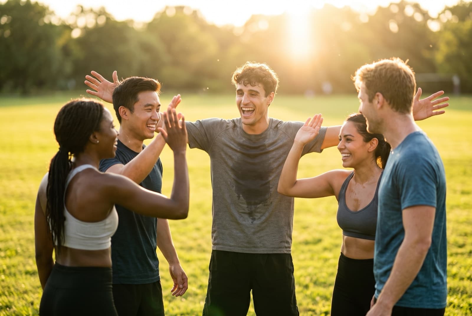 Marco laughing with a small group of friends after a workout in a sunlit park, high-fives all around.