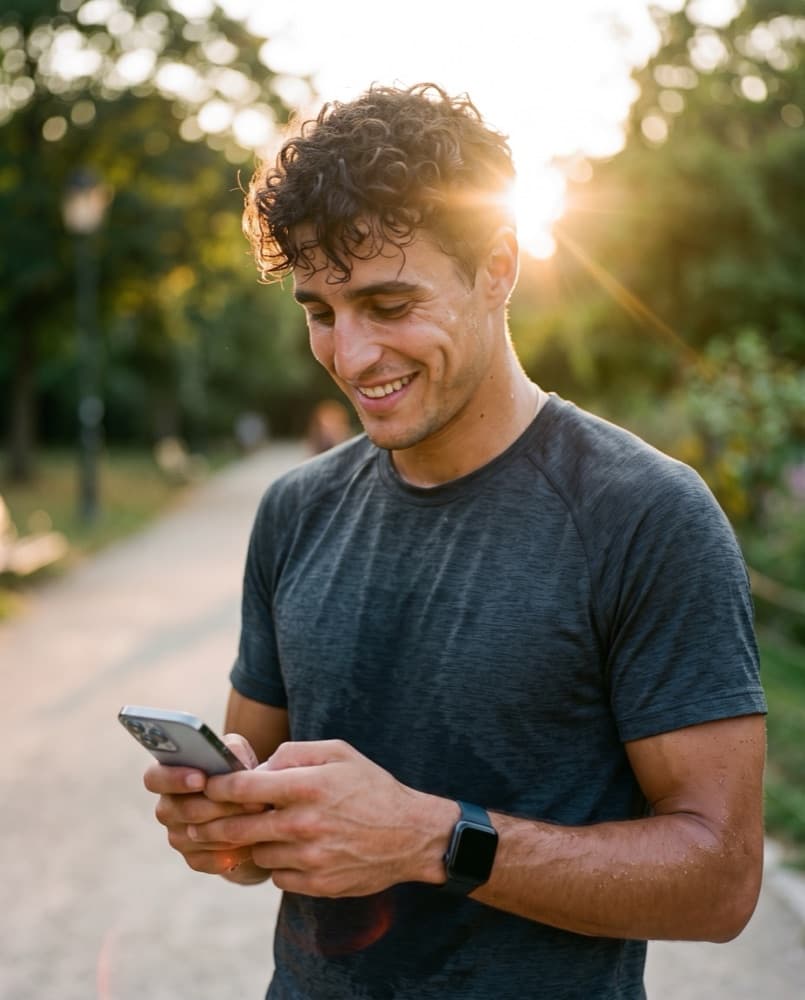 Marco, the face of MoveTogether, at golden hour in athleisure with an easy smile.