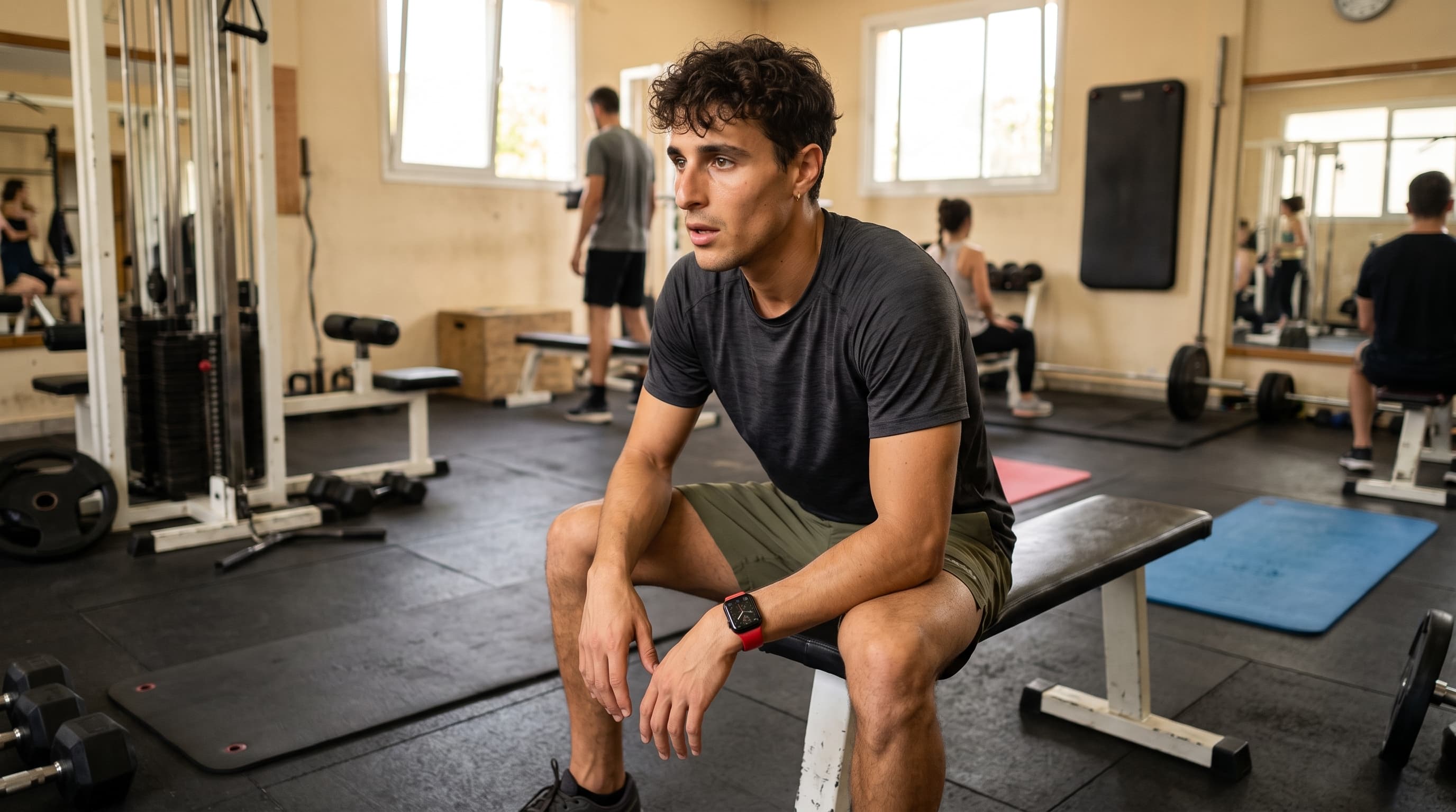 Marco consulta su Apple Watch entre series en un gimnasio del barrio. Marco consulta su Apple Watch entre series en un gimnasio del barrio.