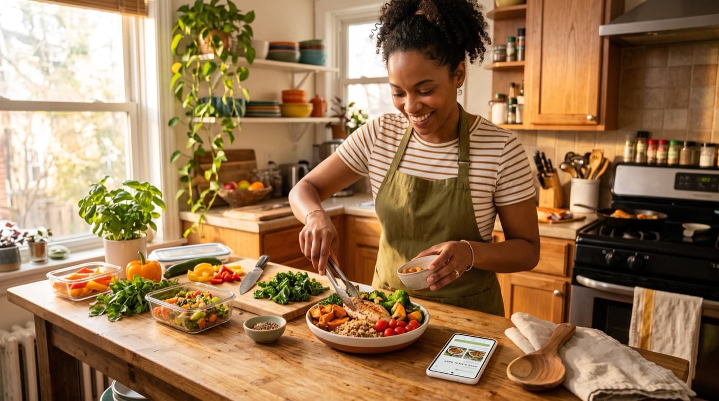 A colorful home-cooked meal being prepped, the nutrition side MyFitnessPal tracks.