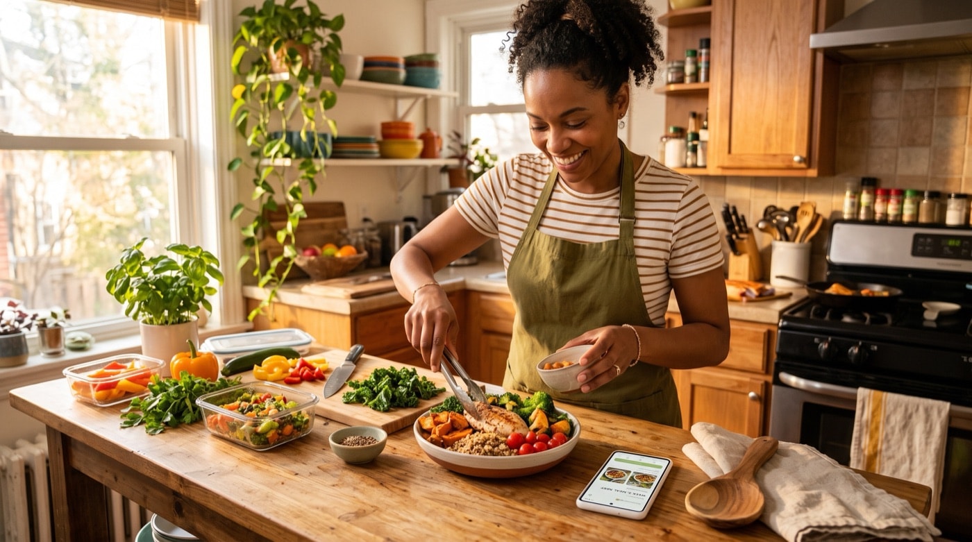 A bright kitchen meal-prep moment: a person plating a healthy, colorful meal with a phone nearby. A bright kitchen meal-prep moment: a person plating a healthy, colorful meal with a phone nearby.