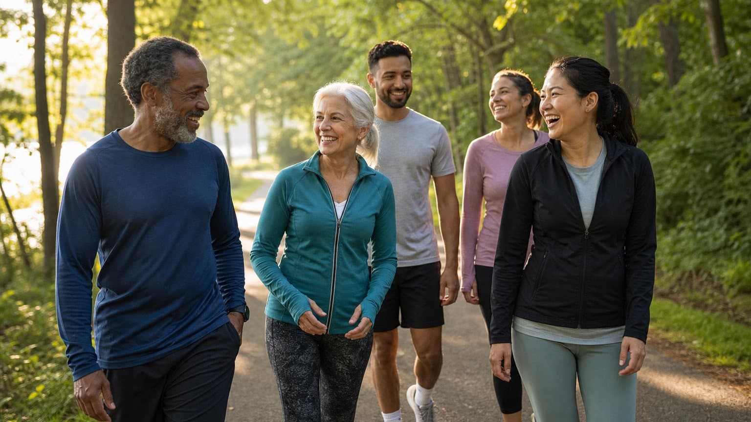 A small group of friends of mixed ages walking and talking together on a tree-lined park path in warm morning light. A small group of friends of mixed ages walking and talking together on a tree-lined park path in warm morning light.