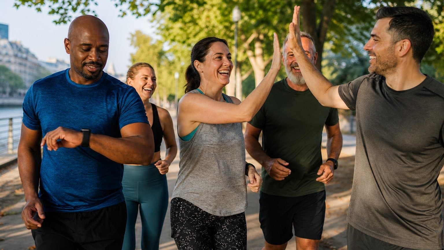 A small mixed-age group finishing a run together on a tree-lined city path at golden hour, laughing and high-fiving. A small mixed-age group finishing a run together on a tree-lined city path at golden hour, laughing and high-fiving.