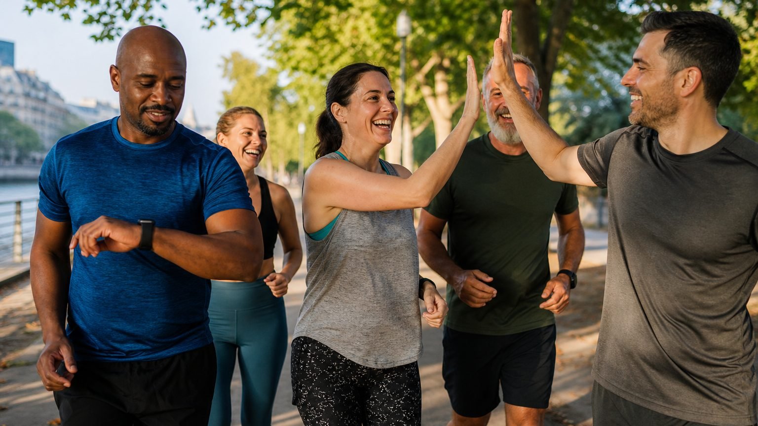 A small mixed-age group finishing a run together on a tree-lined city path at golden hour, laughing and high-fiving. A small mixed-age group finishing a run together on a tree-lined city path at golden hour, laughing and high-fiving.
