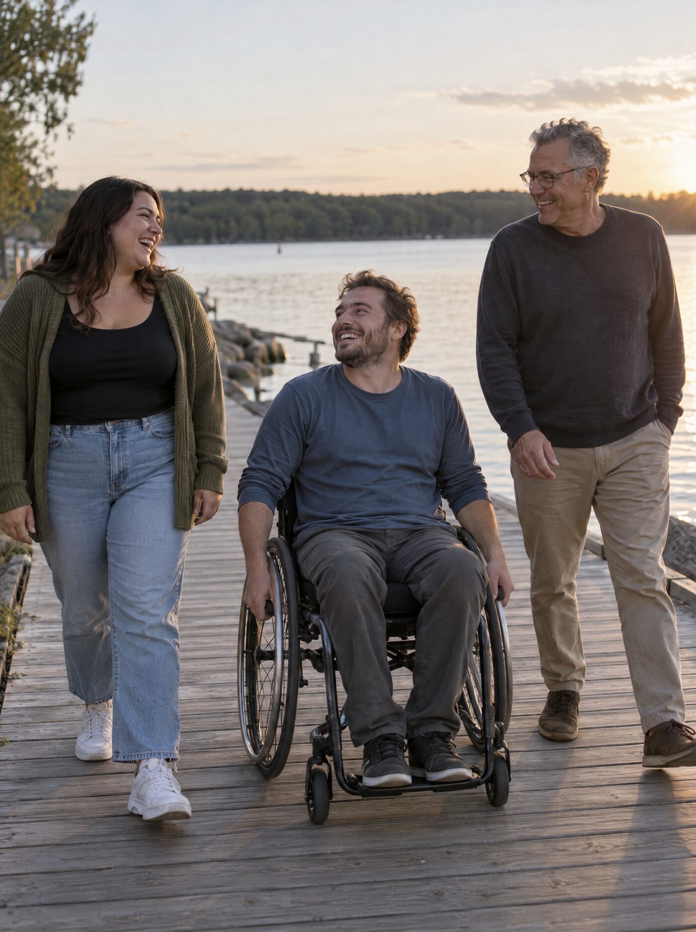 Three friends laughing on a lakeside boardwalk at sunset, one using a wheelchair