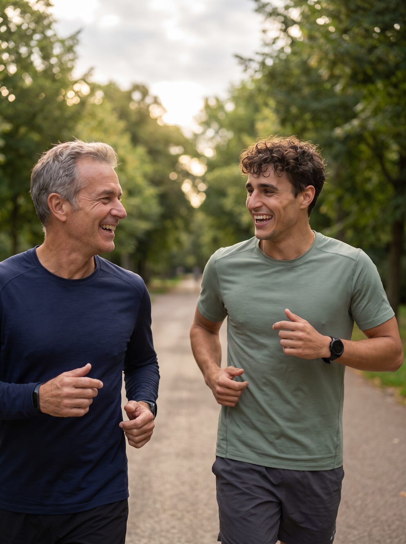 Two friends, one about 20 years older, laughing as they jog on a tree-lined park path
