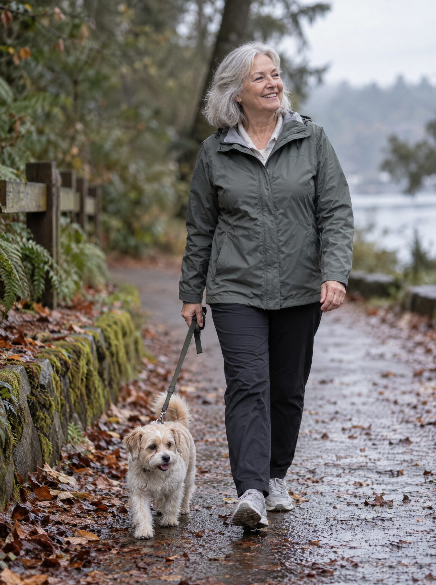 A woman with silver hair smiling as she walks her small dog on a leafy trail