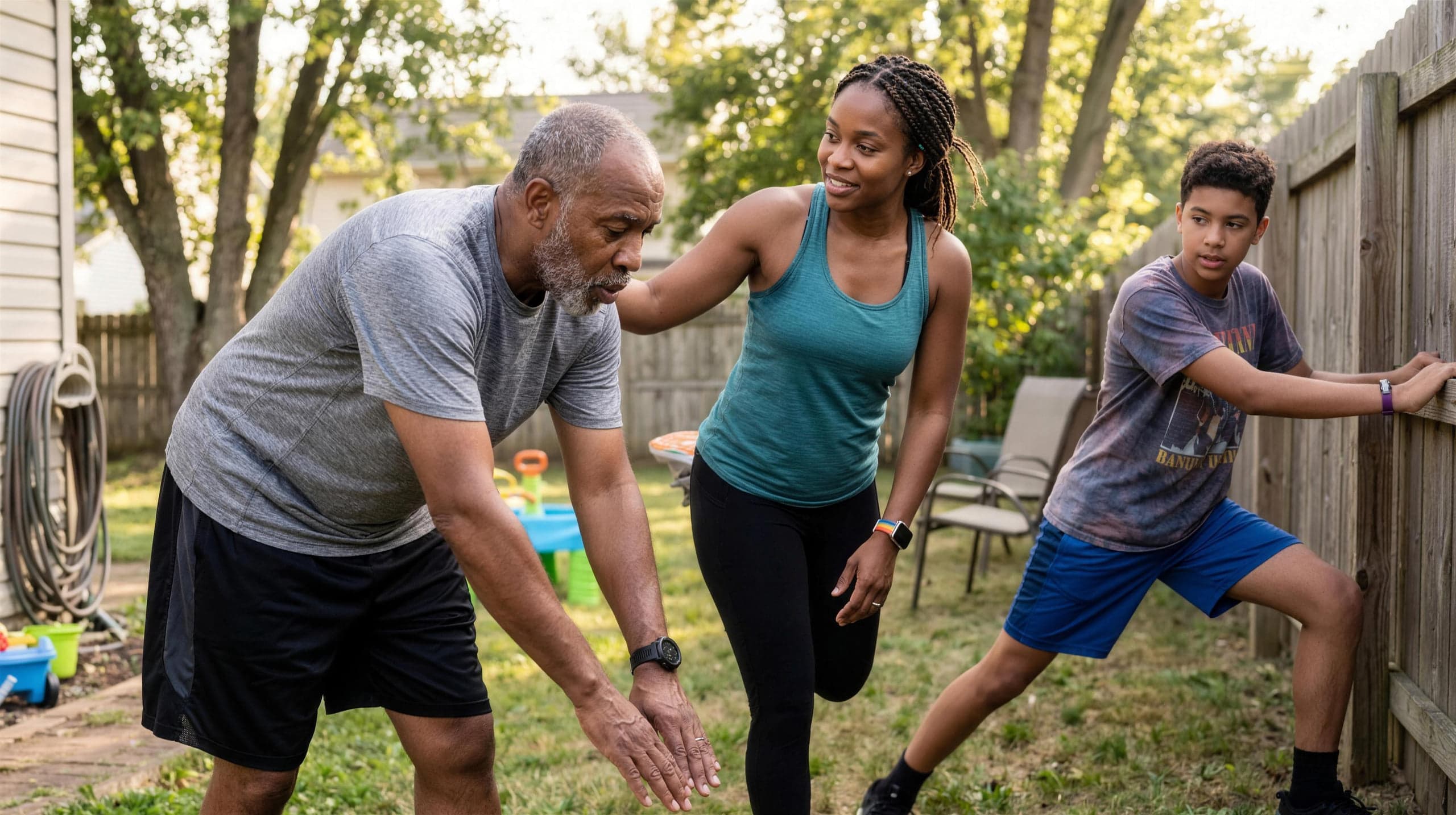 Three generations of a family moving together outdoors at golden hour, each wearing a different fitness tracker.