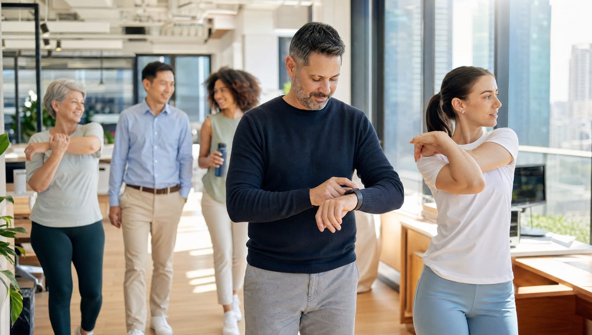 Coworkers of mixed ages taking an active break together in a sunlit modern office, some stretching and some walking.